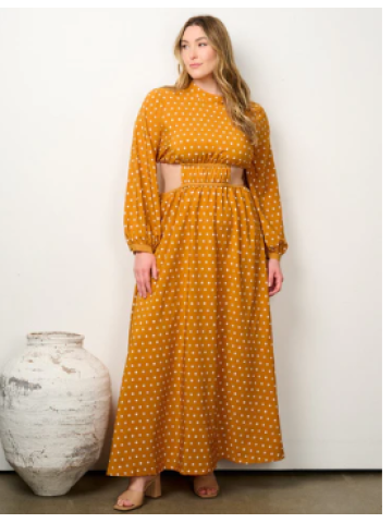 PLUS SIZE ONE LONG SLEEVE CUT OUT POLKA DOTS MAXI DRESS