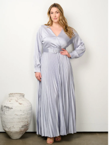 PLUS SIZE LONG SLEEVE SURPLICE PLEATED MAXI GOWN DRESS